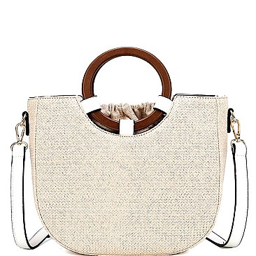 Wooden Handle Drawstring Woven Straw Satchel MH-GY281