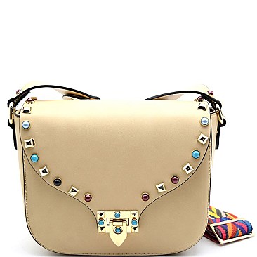 GY6040-LP Aztec Print Strap Colorful Gemstone Flip-lock Cross Body