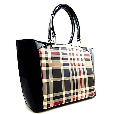 Checker Plaid Print Classic Patent Tote