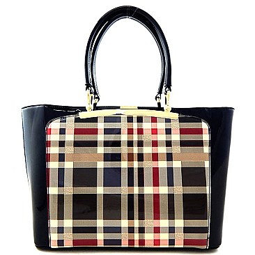 Checker Plaid Print Classic Patent Tote