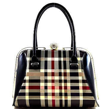 Classic Patent Checker Print Jewel-top Frame Satchel