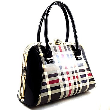 Classic Patent Checker Print Jewel-top Frame Satchel