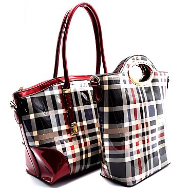 Two Bag Plaid Checker Pattern 2 in 1 Patent Tote