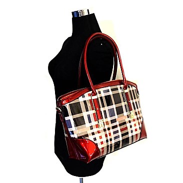 Two Bag Plaid Checker Pattern 2 in 1 Patent Tote