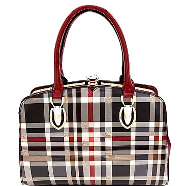 GZ6954-L Checker Plaid Print Patent Rhinestone Jewel-Top Frame Satchel