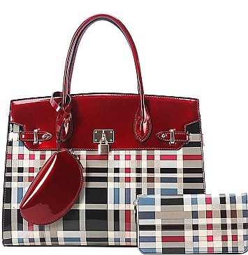 3 IN 1 GLOSSY CHECK SATCHEL WALLET SET