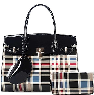 3 IN 1 GLOSSY CHECK SATCHEL WALLET SET