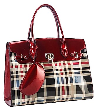 3 IN 1 GLOSSY CHECK SATCHEL WALLET SET