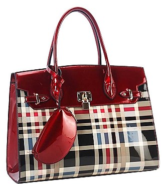 3 IN 1 GLOSSY CHECK SATCHEL WALLET SET