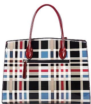 3 IN 1 GLOSSY CHECK SATCHEL WALLET SET