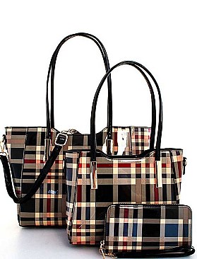 COLOR BLOCK PLAID SATCHEL 3PC SET