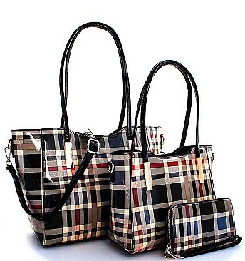 COLOR BLOCK PLAID SATCHEL 3PC SET