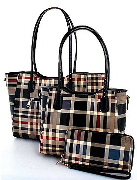 COLOR BLOCK PLAID SATCHEL 3PC SET