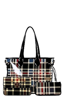 GLOSSY PLAID CHECK SHOPPER 3 IN 1 CROSS BODY AND WALLET SET