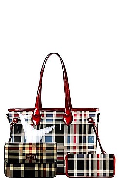 GLOSSY PLAID CHECK SHOPPER 3 IN 1 CROSS BODY AND WALLET SET