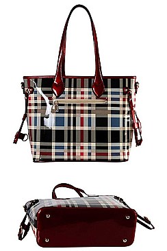 GLOSSY PLAID CHECK SHOPPER 3 IN 1 CROSS BODY AND WALLET SET