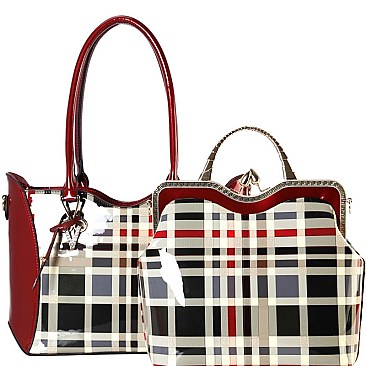 Plaid Check Leatherette Metal Handle 2in1 Bag