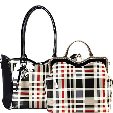 Plaid Check Leatherette Metal Handle 2in1 Bag