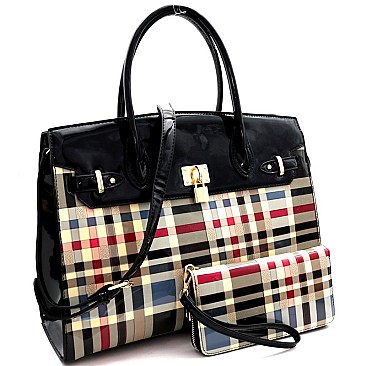 CHECKERED PATENT PADLOCK SATCHEL WALLET SET