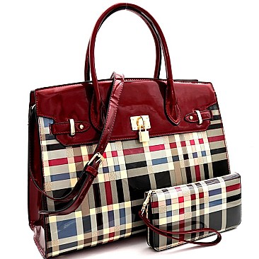 CHECKERED PATENT PADLOCK SATCHEL WALLET SET