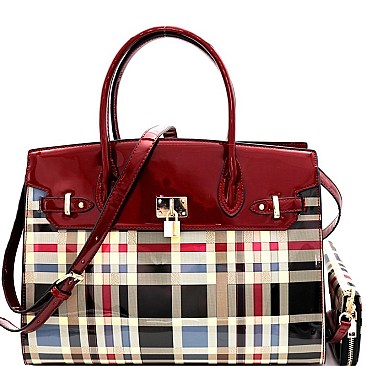 CHECKERED PATENT PADLOCK SATCHEL WALLET SET