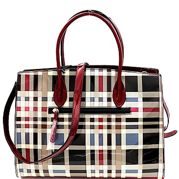 CHECKERED PATENT PADLOCK SATCHEL WALLET SET
