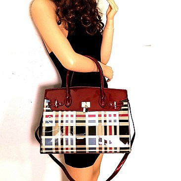 CHECKERED PATENT PADLOCK SATCHEL WALLET SET