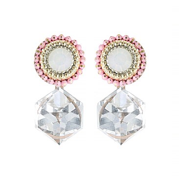 Trendy Pink Stylish Cube Earrings Woth Crystal Drop SLH20016203