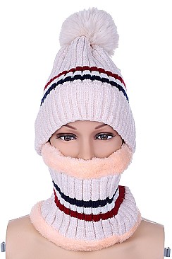 PACK OF 12 STYLISH ASSORTED COLOR FUR LINED BEANIE AND NECK WARMER SET