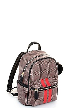 TRENDY STRIPED CHECK POMPOM FASHION BACKPACK JY-H-882330