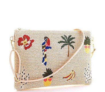 Tropical Embroidered Woven 2-Way Sling Clutch