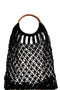 WOODEN HANDLE ROPE WOVEN TOTE BAG