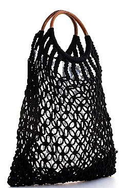 WOODEN HANDLE ROPE WOVEN TOTE BAG