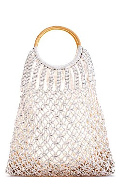 WOODEN HANDLE ROPE WOVEN TOTE BAG