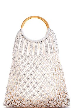 WOODEN HANDLE ROPE WOVEN TOTE BAG