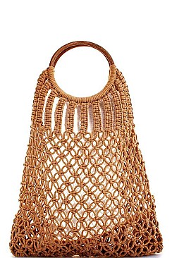 WOODEN HANDLE ROPE WOVEN TOTE BAG