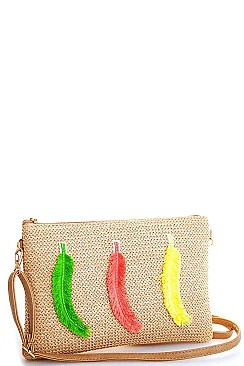 MODERN FASHION WOVEN FEATHER CLUTCH WITH LONG STRAP