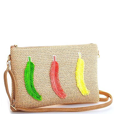 STYLISH WOVEN CANVAS FEATHER DESIGNED FASHION CLUTCH WITH LONG STRAP JYHB423