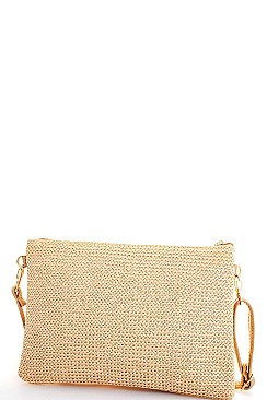 MODERN FASHION WOVEN FEATHER CLUTCH WITH LONG STRAP