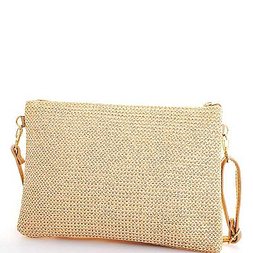 STYLISH WOVEN CANVAS FEATHER DESIGNED FASHION CLUTCH WITH LONG STRAP JYHB423