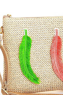 MODERN FASHION WOVEN FEATHER CLUTCH WITH LONG STRAP
