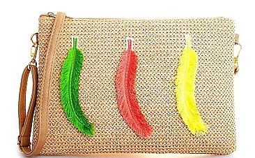MODERN FASHION WOVEN FEATHER CLUTCH WITH LONG STRAP