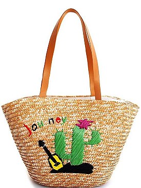 CACTUS DESIGN STRAW WOVEN TOTE BAG