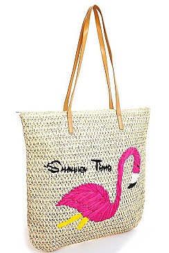 STYLISH NATURAL STRAW WOVEN FLAMINGO FASHION TOTE BAG JYHB459