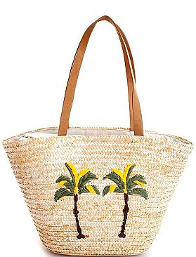 PALM TREES DESIGN NATURAL STRAW WOVEN TOTE BAG