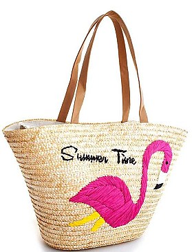 FLAMINGO DESIGN NATURAL STRAW WOVEN TOTE BAG