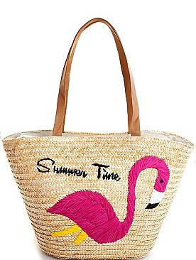 FLAMINGO DESIGN NATURAL STRAW WOVEN TOTE BAG