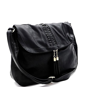 Tassel Woven Accent Large Fold-Over Messenger Hobo