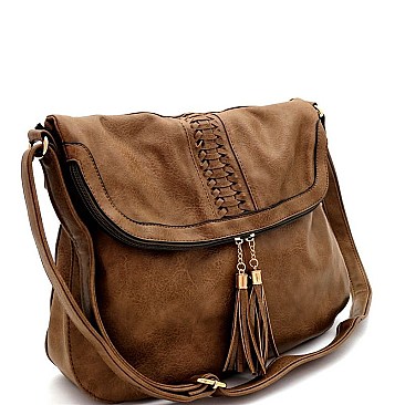 Tassel Woven Accent Large Fold-Over Messenger Hobo