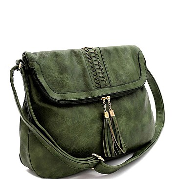 Tassel Woven Accent Large Fold-Over Messenger Hobo